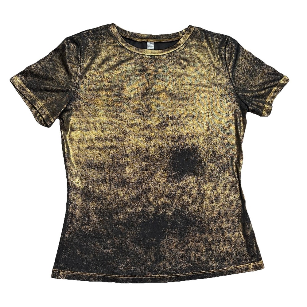 Allegra K Metallic Gold Black Top Womens XS Short Sleeve Stretch